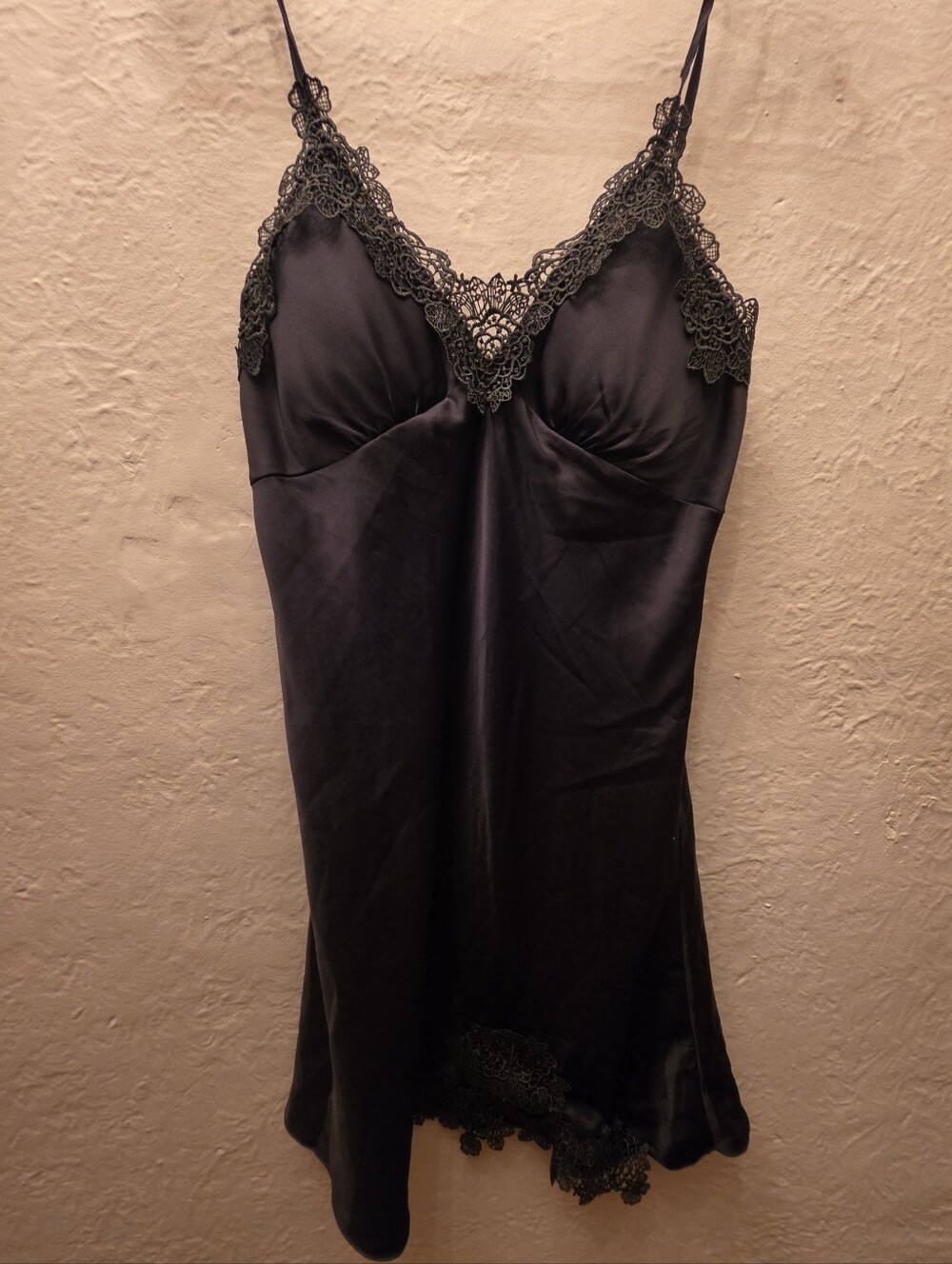 Black Satin Lace Appliqué Slip Dress Chemise Lingerie Nightgown L
